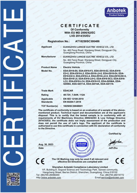 Trung Quốc Guangzhou Langjie Electric Vehicle Co., Ltd. Chứng chỉ