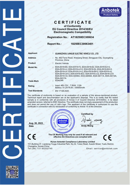 Trung Quốc Guangzhou Langjie Electric Vehicle Co., Ltd. Chứng chỉ